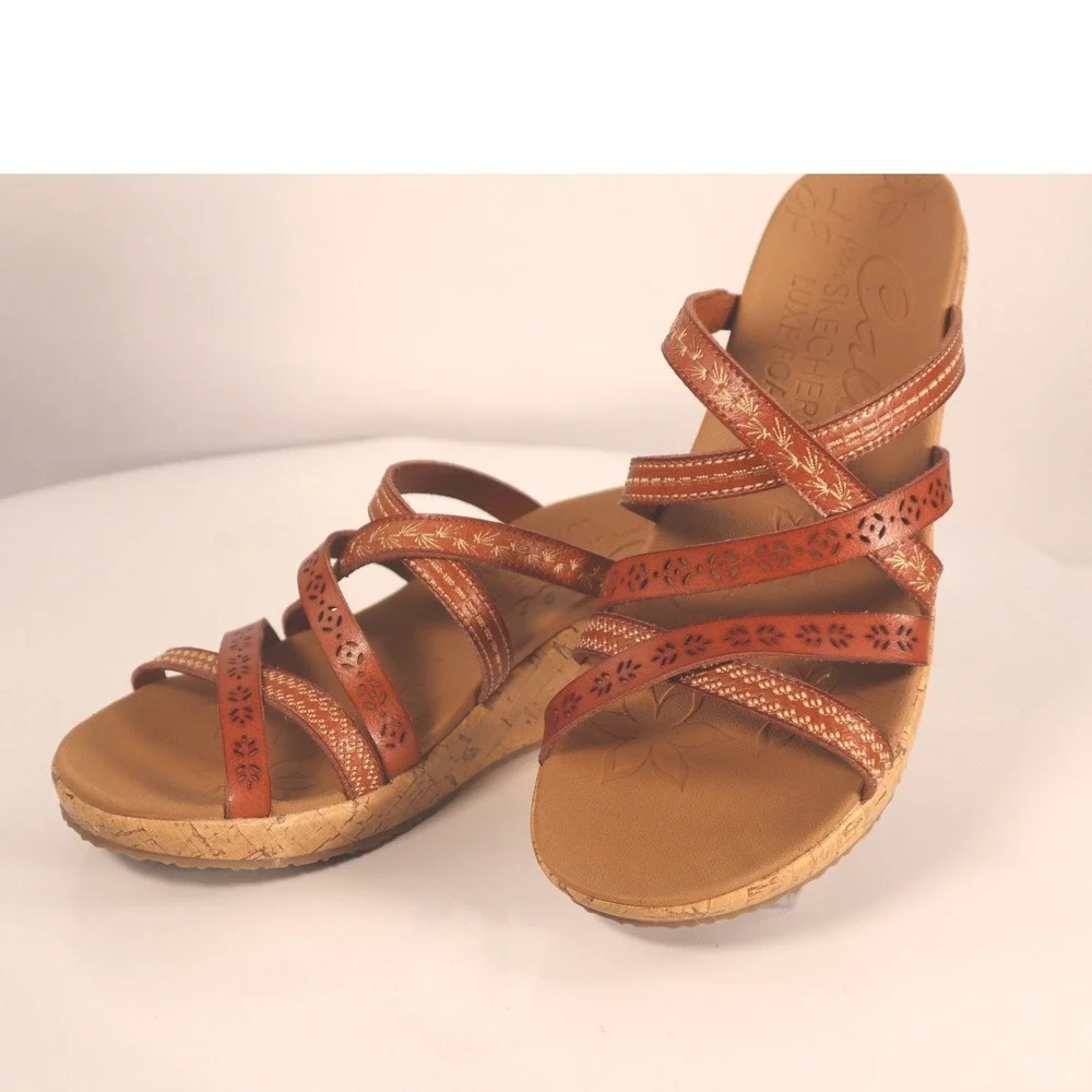 Skechers Cali Luxe Foam Wedge Sandals leather tangerine Size 7.5